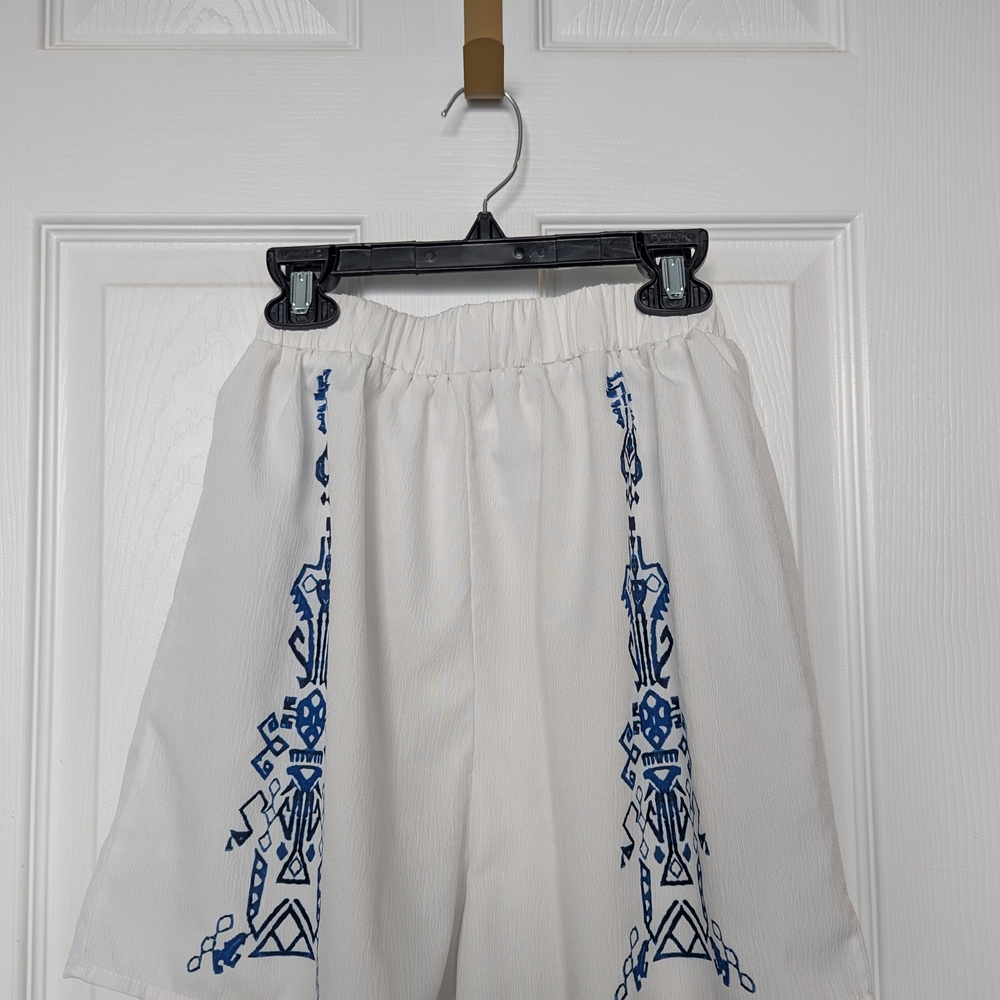 White Shorts with Blue Embroidery